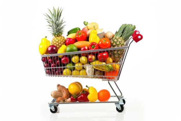 groceries in shopping cart isolated on white