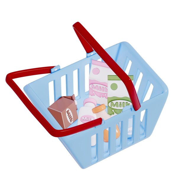 Groceries theme 3D milk product milk on shopping basket on a white background 3D rendering