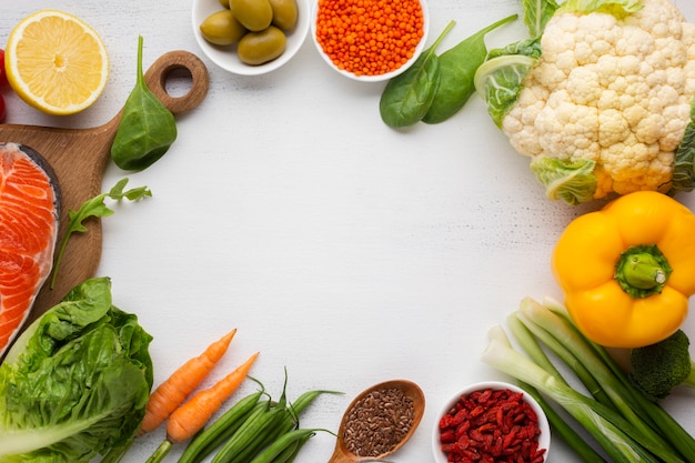 Groceries on white slate background