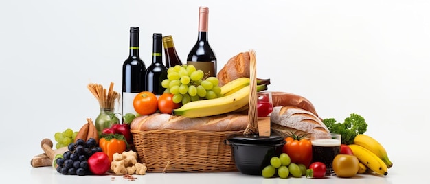 채소, 과일, 베이커리, 유제품, 와인 등을 포함한 <unk>바구니에 담긴 식료품