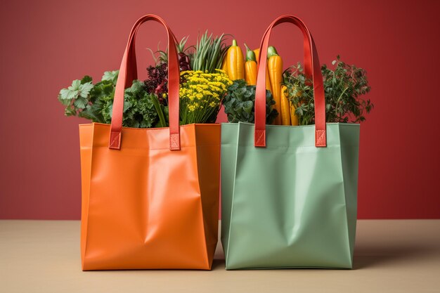 Photo grocery bag with vegan and fruits