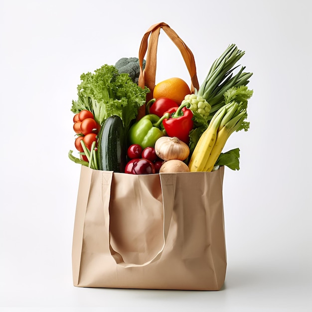 Grocery bag with vegetables on the white background