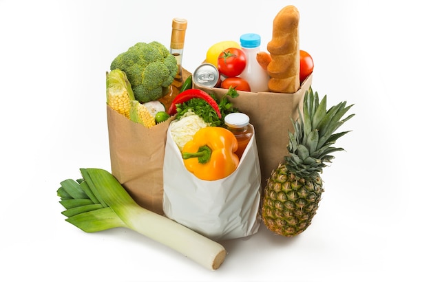 Grocery bags full of fresh produce and healthy food