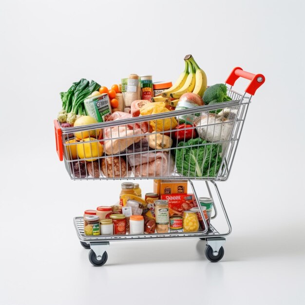 grocery basket and vegetables on white background