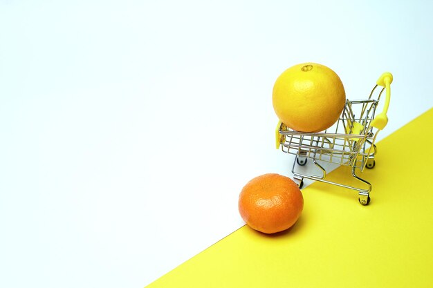 Grocery basket on wheels minimalism On light backgroundOnline shopping Grocery basket on wheels minimalism On light background Online shopping Citrus for health