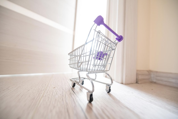 Grocery cart at the open door Delivery of products Mini trolley for contactless delivery