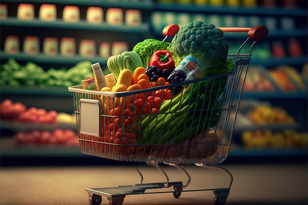 A grocery cart with a bunch of vegetables in it