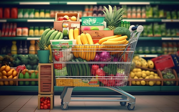 A grocery cart with a cart full of food in it