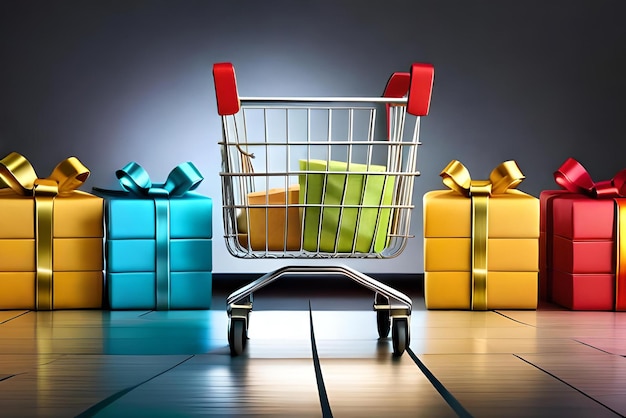 grocery cart with colourful gift boxes black friday