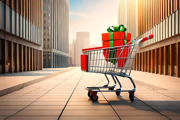 grocery cart with colourful gift boxes black friday