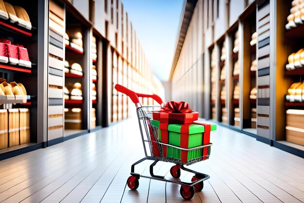 grocery cart with colourful gift boxes black friday