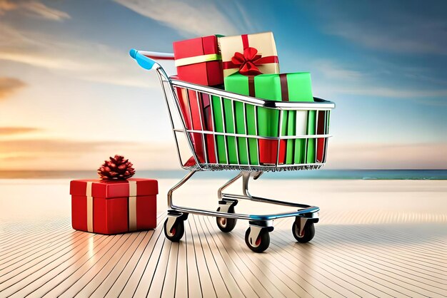 grocery cart with colourful gift boxes black friday