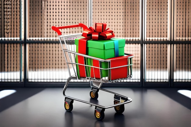 grocery cart with colourful gift boxes black friday