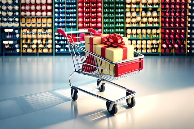 Grocery cart with colourful gift boxes black friday