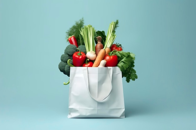 Grocery full bag white shopping bag with vegetables in light blue background