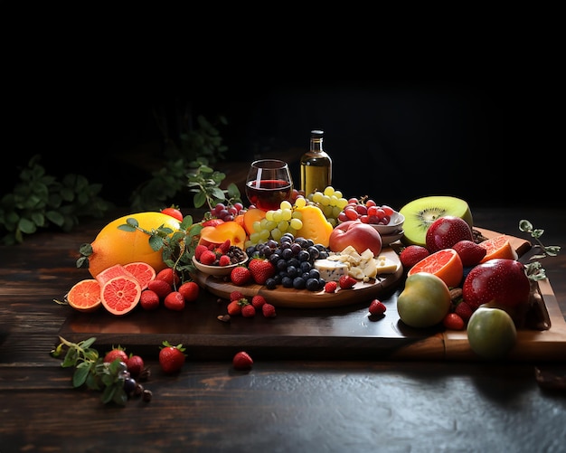 Grocery layout on a wooden table in warm brown tones cheese delicacies with fruit and wine illustration Generated with AI