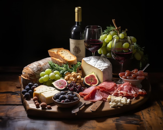 Grocery layout on a wooden table in warm brown tones meat and cheese delicacies with herbs and wine illustration Generated with AI