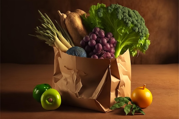 grocery paper bag with vegetables and fruits