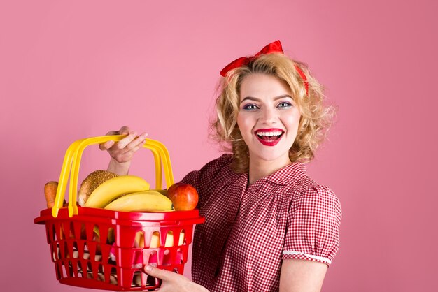 Grocery pin up woman with shopping cart pin up woman on shopping supermarket shopping sale discount