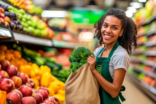 A grocery store cashier smiling as they pack fresh produce and other items into a reusable bag