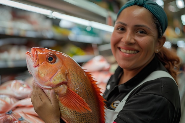 식료품 가게 직원 한 여인이 카메라를 향해 빛을 내며 어리 물고기를 행복하게 들고 우주 생성 AI를 가지고 있습니다.