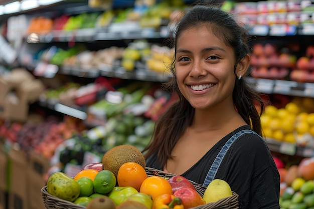 A grocery store employee a mixed race lady is beaming at the camera while bearing Generative AI