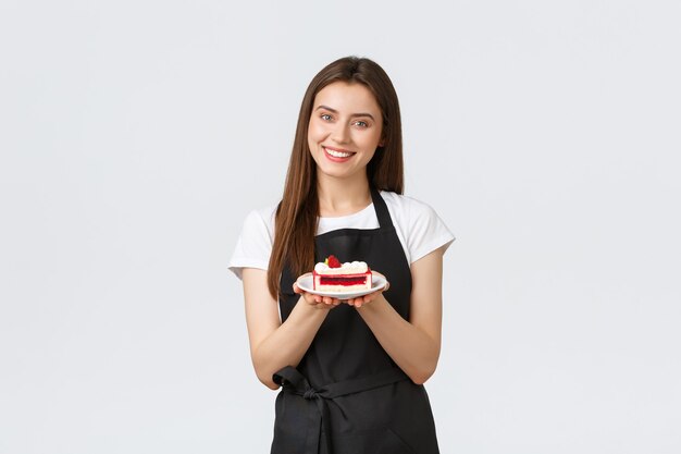 grocery store employees small business and coffee shops concept friendly smiling cafe worker serving...