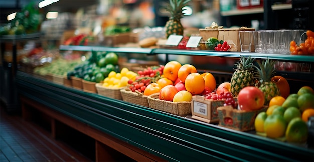 Grocery store fruit counter juice drinks closeup AI generated image