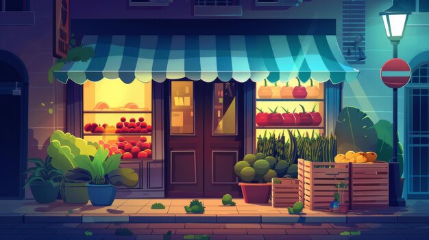 Photo a grocery store at night with lamplight streaming through big glass windows and a glass front door a tent and a potted plant as well as vegetables and fruits in wooden crates on the sidewalk