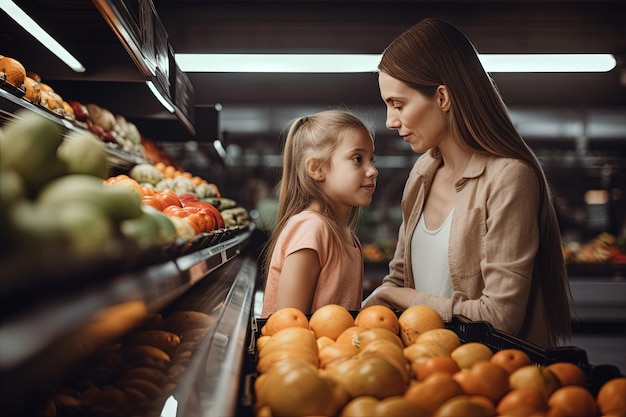 Сцена в продуктовом магазине с матерью и ребенком, собирающими еду в местном супермаркете