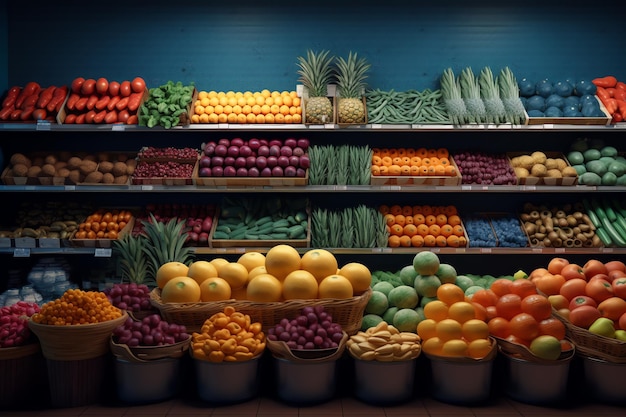 A grocery store with a blue wall and shelves full of fruit and vegetables.