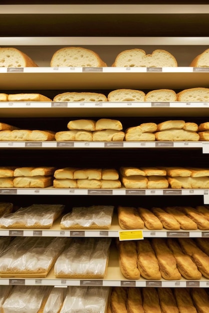 パンが棚に並んでいる食料品店で、そのうちの 1 軒には「バゲット」と書かれたラベルが貼られています