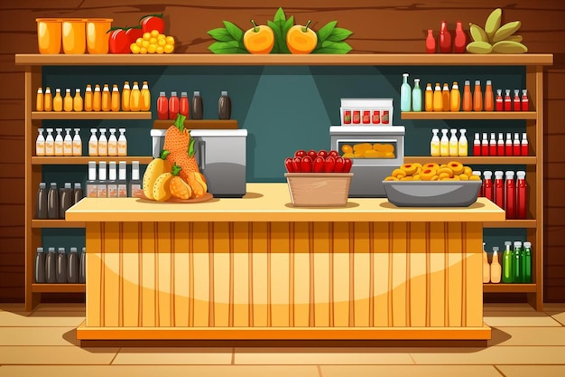 Photo grocery store with cashier desk and production on shelves and cold drinks in refrigerator