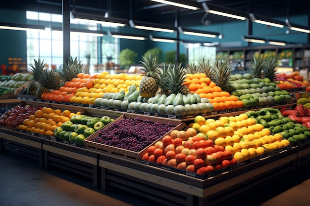 Продуктовый магазин с выставкой фруктов и овощей.
