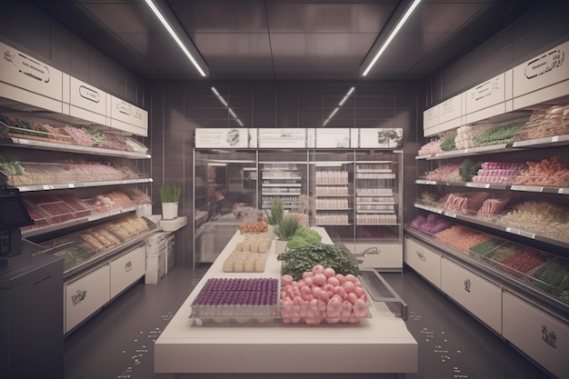 A grocery store with a display of produce and vegetables.