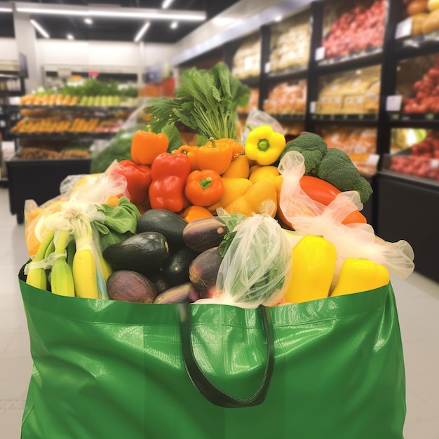 A grocery store with a green bag that says " fresh ".