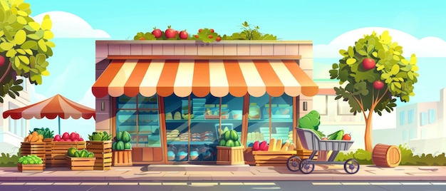 Photo a grocery store with large glass windows and a door a tent with plants in a pot and vegetables and fruits on a crate on the sidewalk a cartoon modern facade of a grocery store