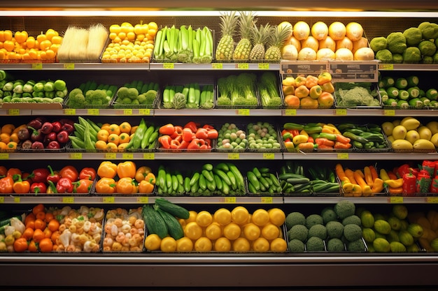 Продуктовый магазин с разнообразными фруктами и овощами.
