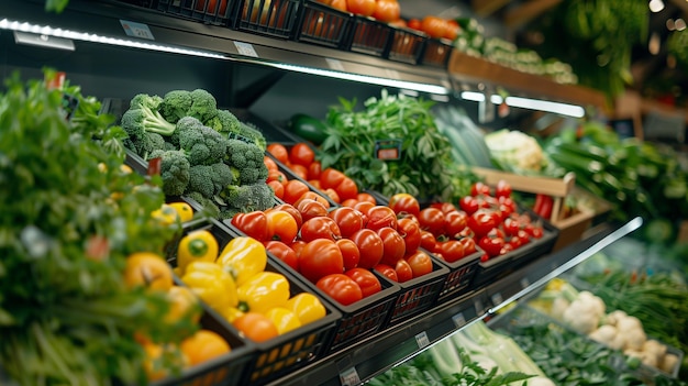 a grocery store with a variety of vegetables including broccoli tomatoes and cucumbers