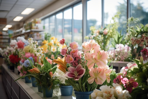 さまざまな花を生成する AI を備えた食料品店の花売り場