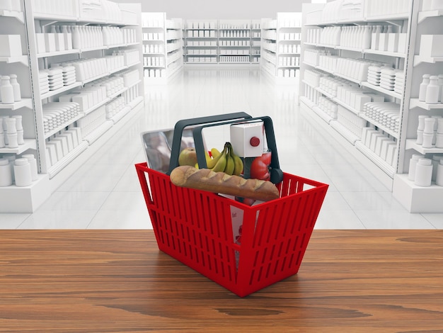 Photo grocery supermarket interior alley with shopping basket full of grocery products 3d rendering