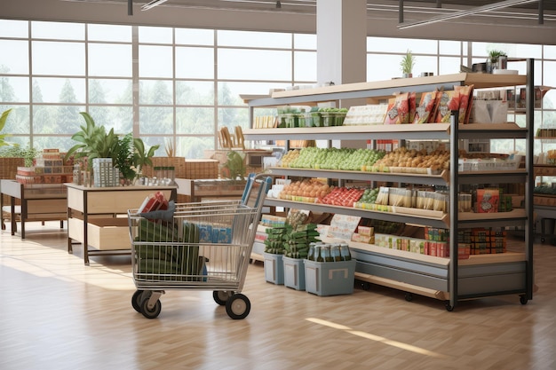 식료품 슈퍼마켓 내부 식료품 가게 선반과 식료품 과일 선반 식료품