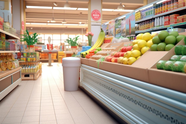 Grocery Supermarket Interior Inside the Food Shop Shelves with Groceries Fruit Racks Grocery