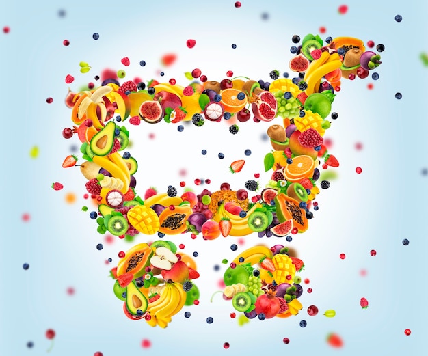 Продуктовая тележка из свежих падающих фруктов и ягод, покупка здоровой пищи, иконка продуктовой тележки на белом фоне, креативная концепция