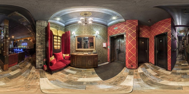 Grodno belarus april 3 2017 360 panorama in interior of stylish\
hall nightclub bar in red vintage style vr content full 360 degree\
panorama in equirectangular spherical equidistant projection