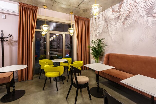 Grodno belarus december 2018 inside interior in small modern\
pub cafe with loft design style