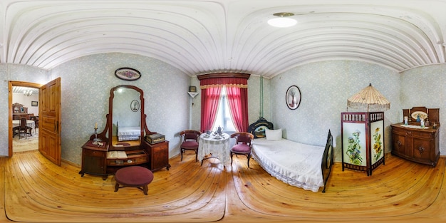 GRODNO BELARUS MAY 2019 Full spherical seamless hdri panorama 360 degrees angle view inside interior of vintage bedroom in equirectangular projection VR AR content