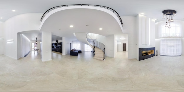GRODNO BELARUS 2019년 5월 등방형 투영 VR 콘텐츠의 벽난로가 있는 홈스테드 아파트의 흰색 내부에서 전체 구형 원활한 hdri 파노라마 360도 보기