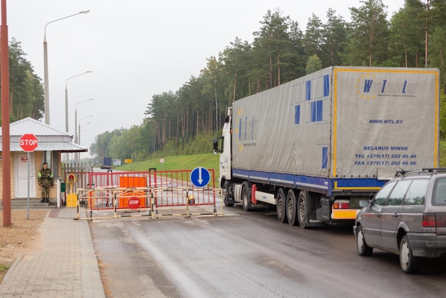 Grodno, Belarus - November 15, 2013: A truck crosses the Belarusian-Polish border line