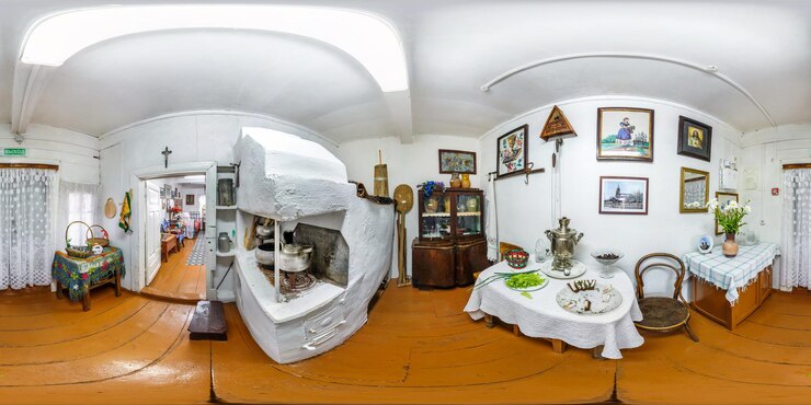 Foto grodno wit-rusland mei 2019 volledig bolvormig naadloos hdri-panorama 360 graden binnenin het interieur van de oude middeleeuwse keuken in het rustieke landelijke huis in equirectangular projectie vr ar-inhoud